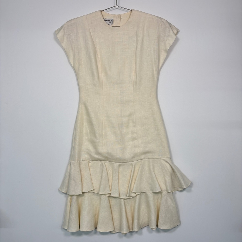 Ronnie Heller Neiman Marcus Women Dress M Cream Vintage Linen Ruffle Union Made